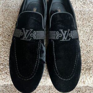 Louis Vuitton Men's Black Velvet Logo Penny Loafer Shoes